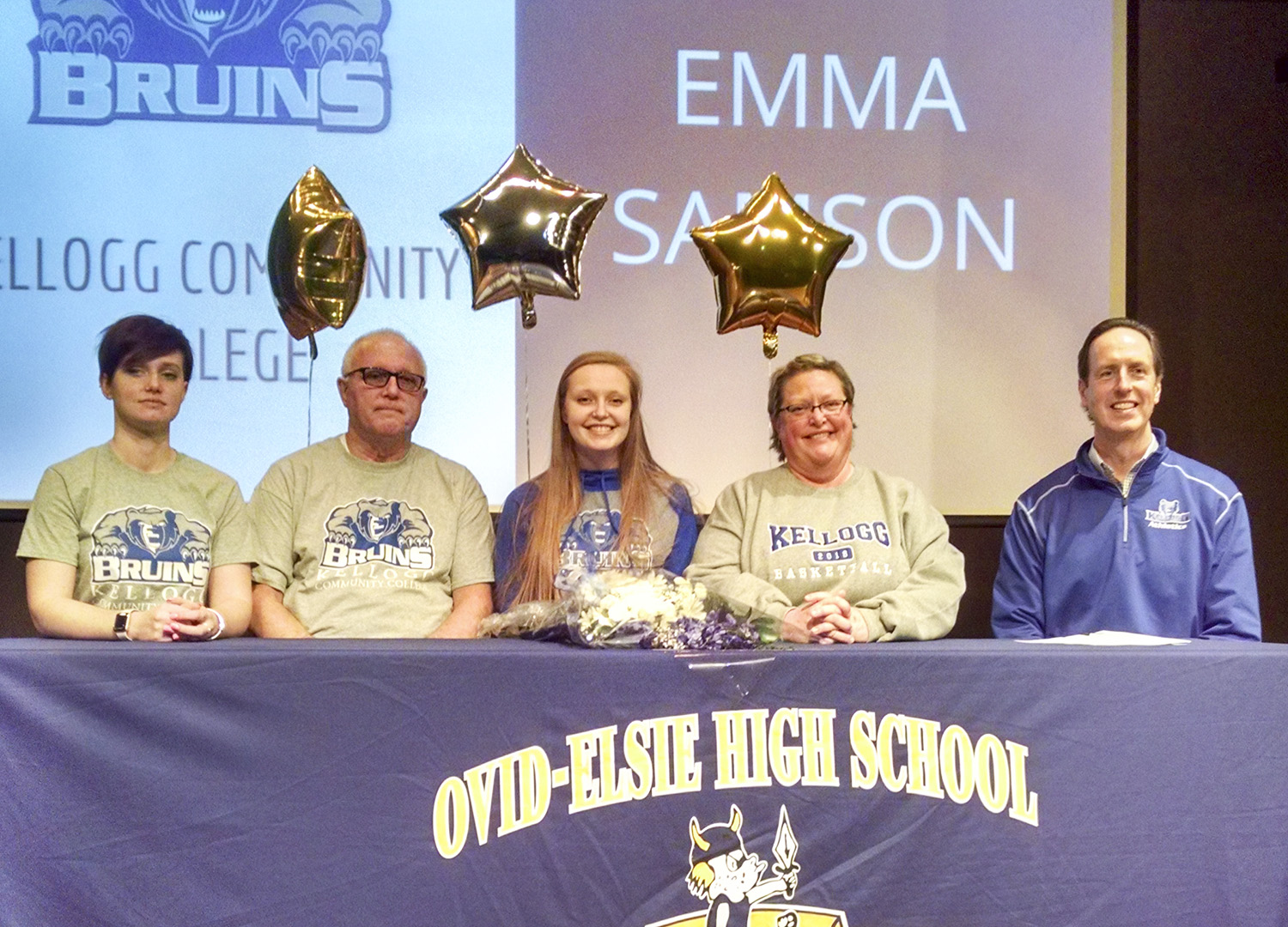 Pictured, from left to right, are Grace Samson (sister), Robert Samson (father), KCC women's basketball signee Emma Samson, Beverly Samson (mother) and KCC’s Head Women’s Basketball Coach Dic Doumanian.
