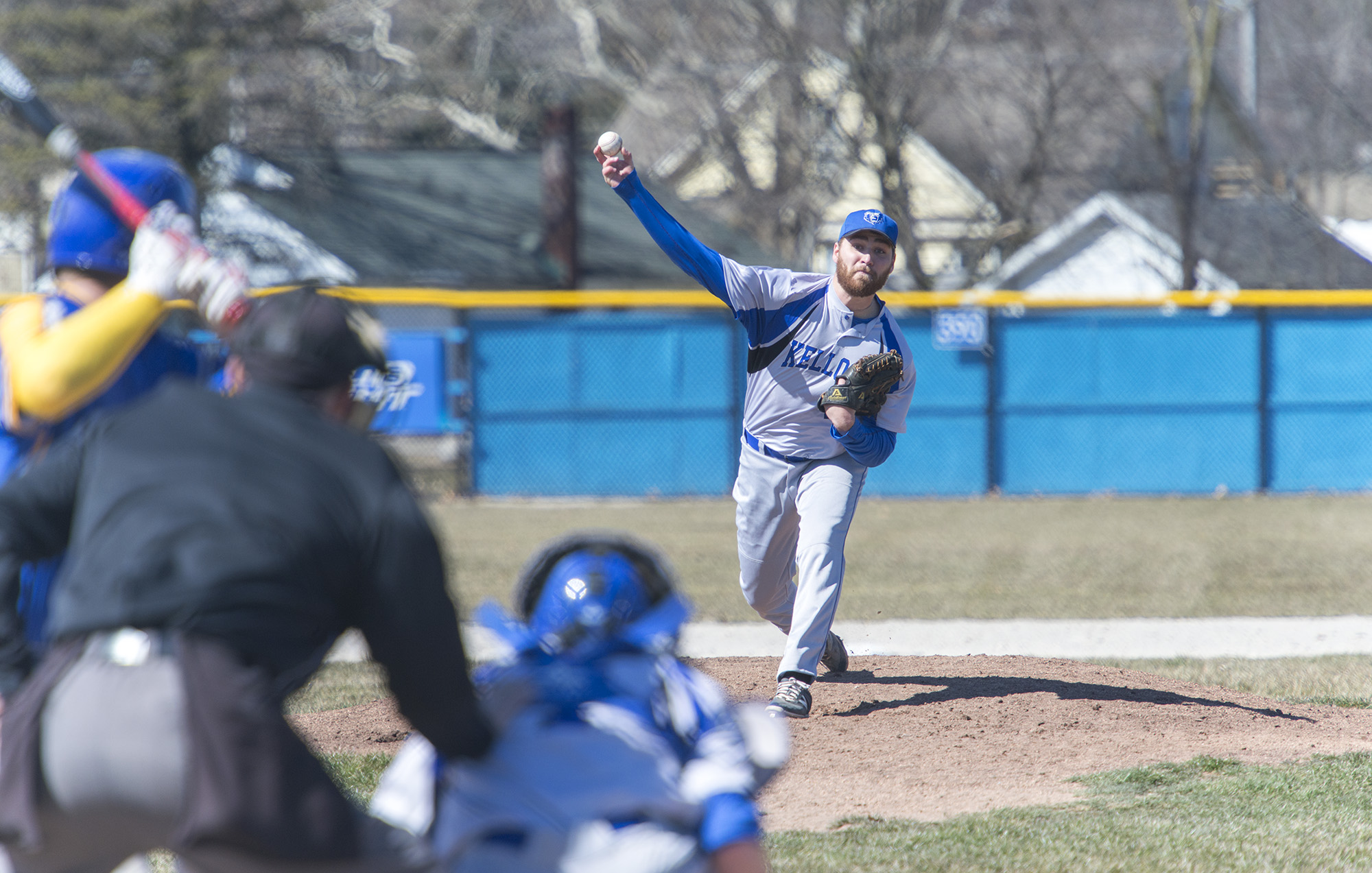 KCC baseball's Zach Smith pitches against Ancilla College on March 23, 2018, at Bailey Park in Battle Creek.
