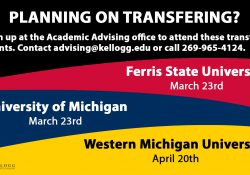 A text slide promoting KCC's Transfer Visits to Ferris State and U of M on March 23 and to WMU on April 20.
