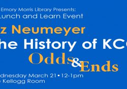 A text slide promoting an "Odds & Ends: The History of KCC" presentation scheduled for noon March 21, 2018, in the Kellogg Room.