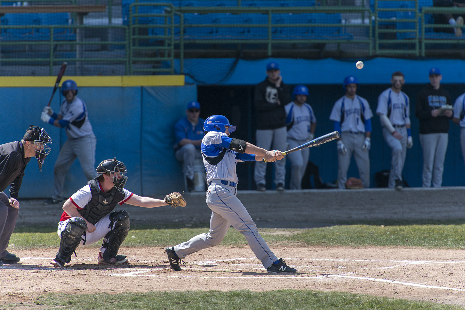 A KCC baseball player bats against Lake Michigan College at C.O. Brown Stadium in Battle Creek on April 12, 2018.