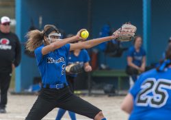 KCC softball sophomore Alexa Stephenson pitches against a batter from Lake Michigan College on April 12, 2018.