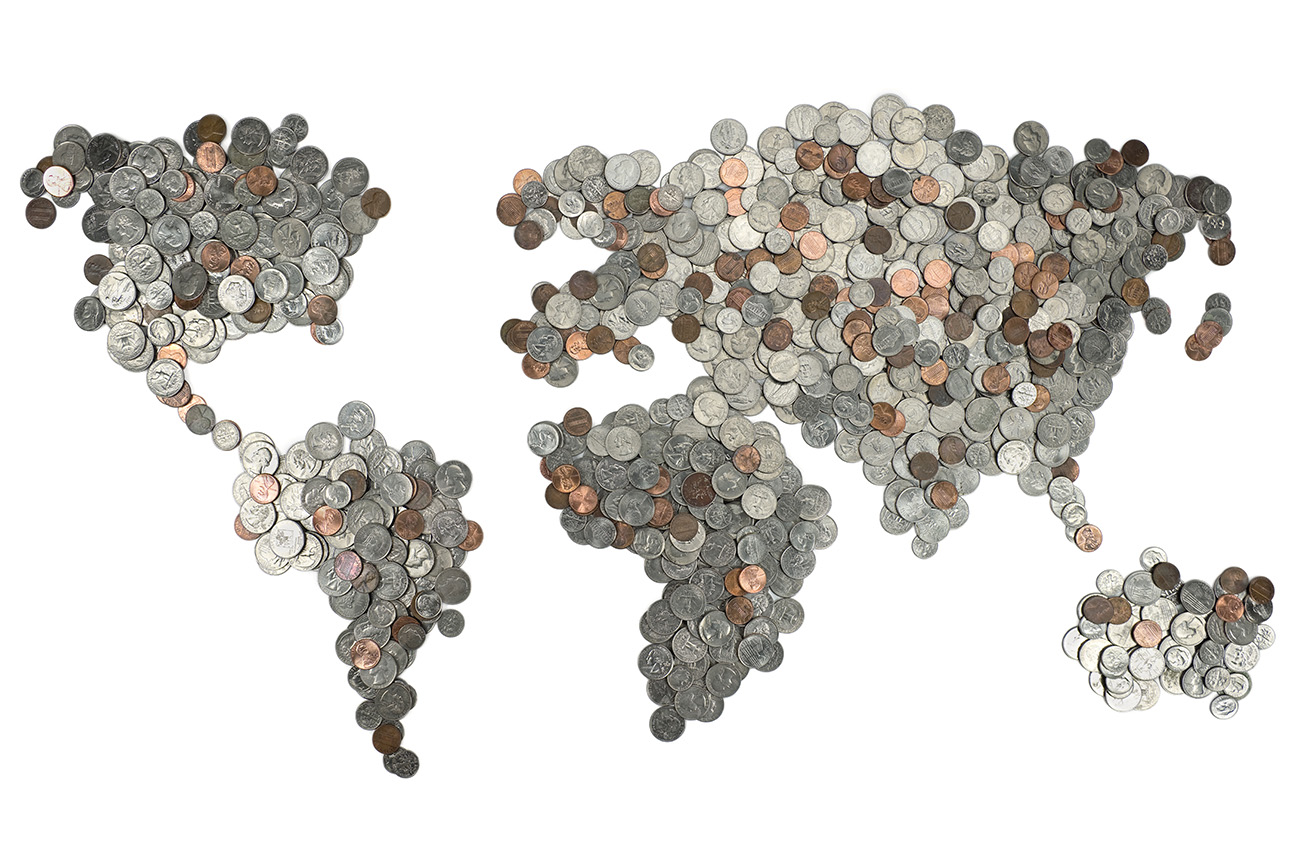 A world map created using coins.