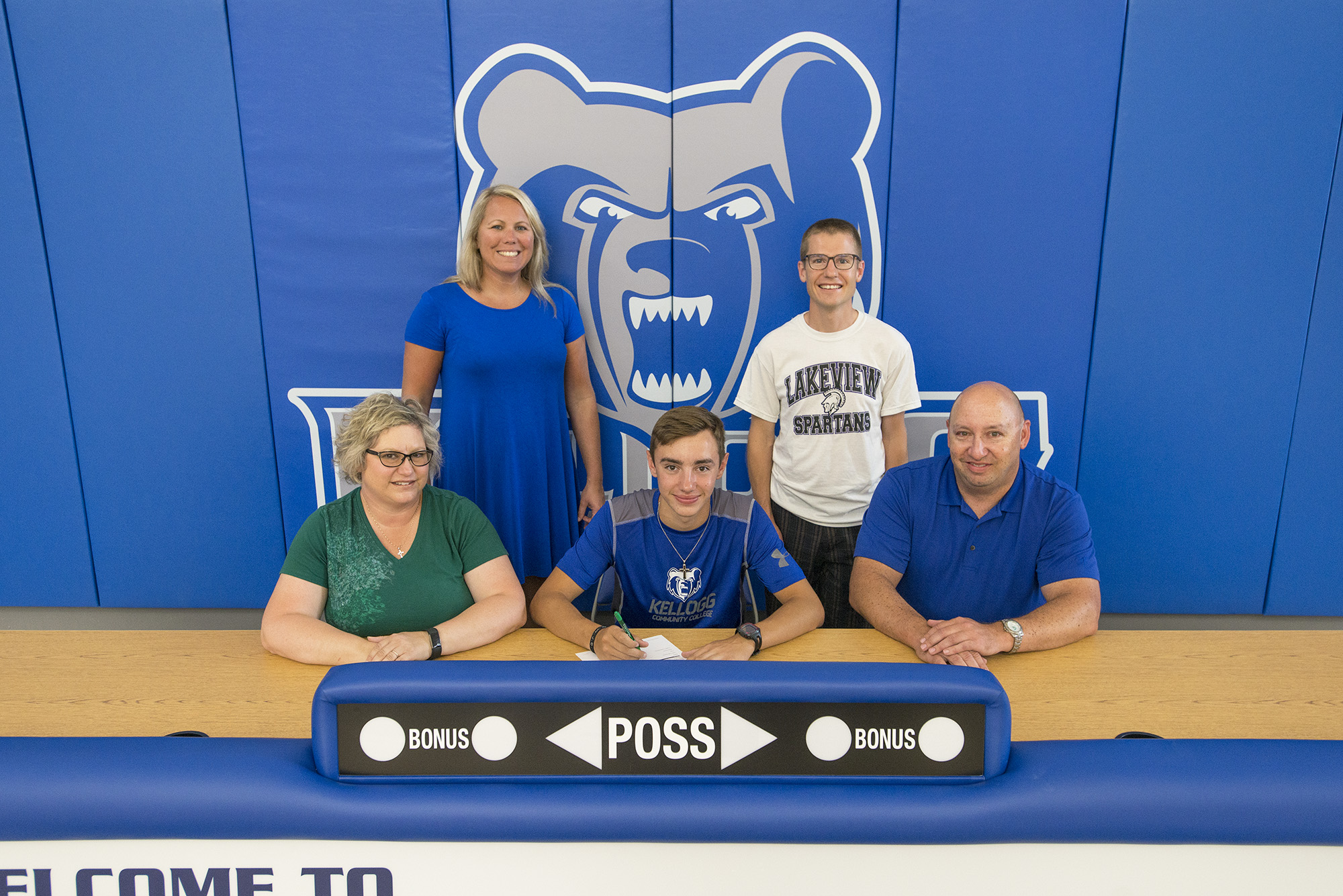 Pictured in this KCC cross-country signing photo, from left to right, are Angela Glubke (mother), Head KCC Cross-Country Coach Erin Lane, Joseph Glubke, Lakeview High School Boy’s Cross-Country Coach Jake Zimmerman, and Scott Glubke (father).
