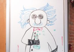An illustration of a science professor drawn on a whiteboard.