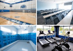 Views of the interior of the new Miller Building, including the gym, a classroom, locker room and fitness area.