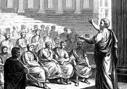 An engraving of a Greek orator addressing an audience.