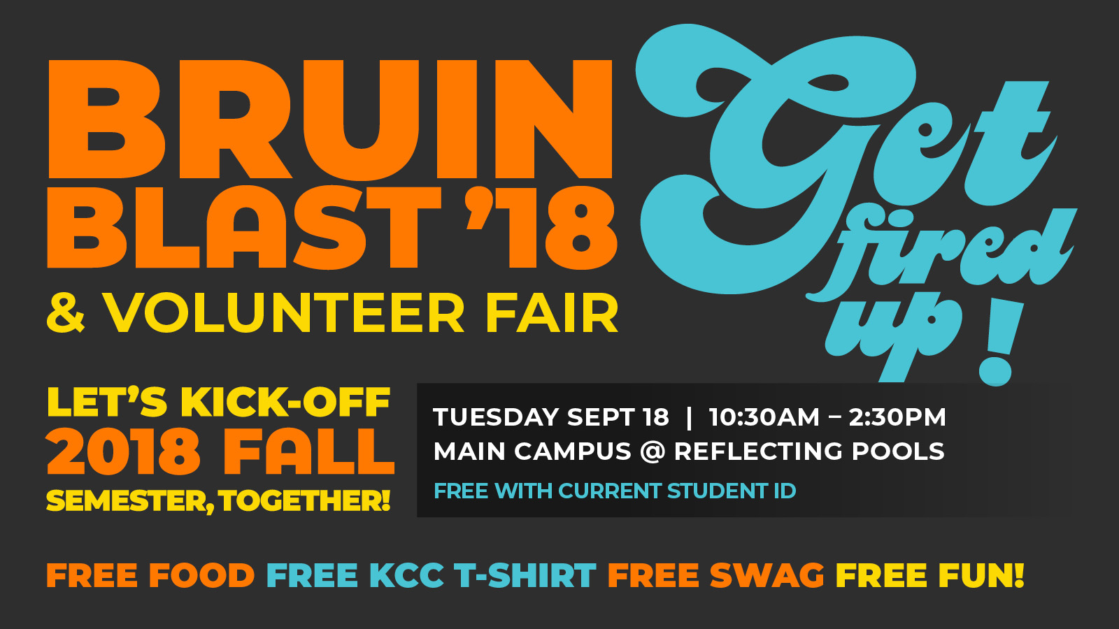 A text slide promoting KCC's 2018 Bruin Blast, scheduled for 10:30 a.m. to 2:30 p.m. Sept. 18 on the North Avenue campus in Battle Creek.