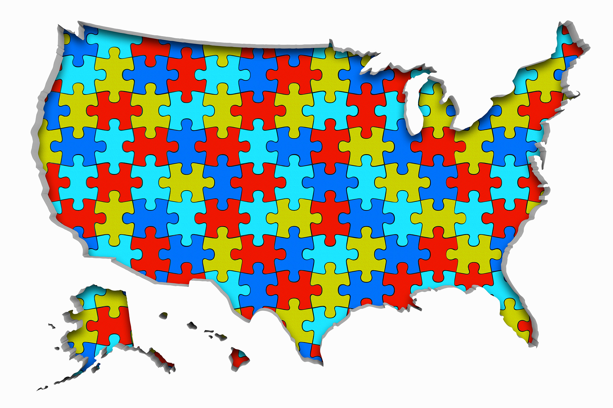 A stock illustration showing the U.S. made up of puzzle pieces to illustrate gerrymandering.