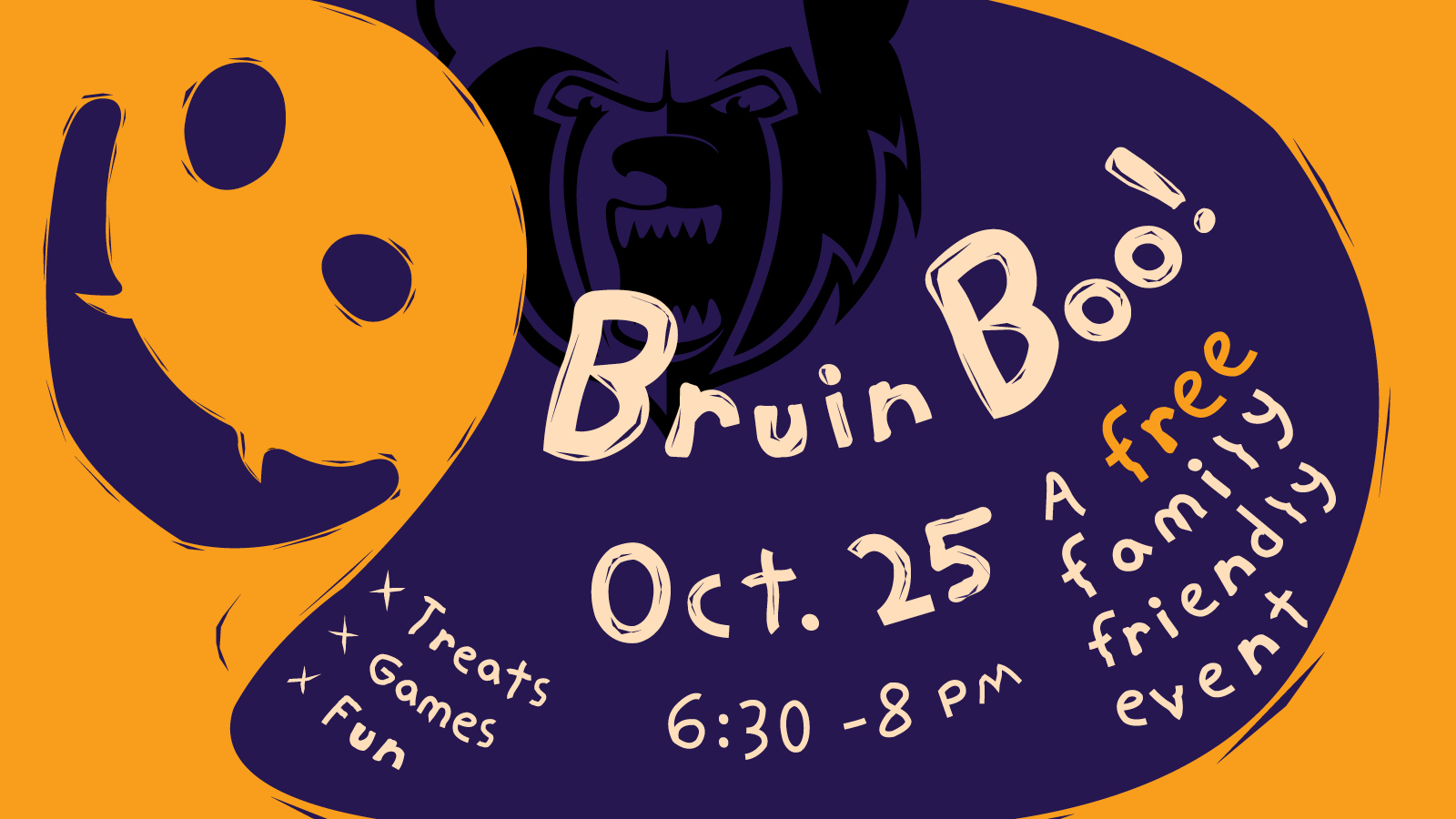 A digital slide picturing a graphic of a ghost with information about KCC's 2018 Bruin Boo Halloween event, scheduled for 6:30 to 8 p.m. Oct. 25 on KCC's North Avenue campus in Battle Creek.