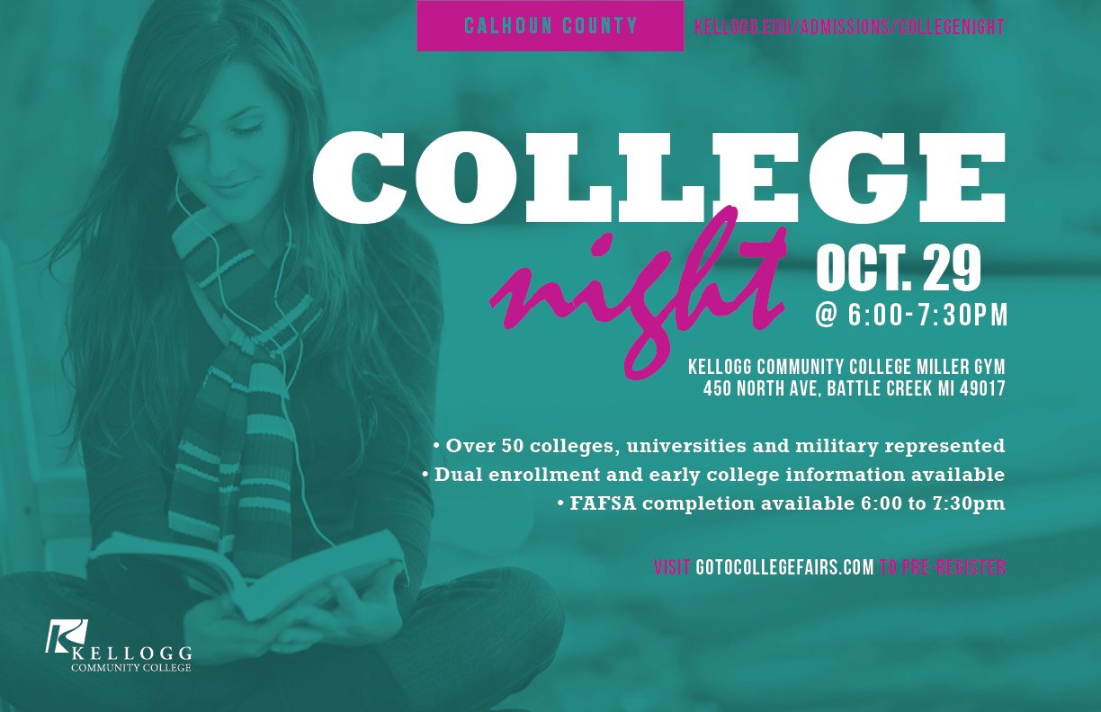 A text slide promoting KCC's Calhoun County College Night, scheduled for 6 to 7:30 p.m. Oct. 29 at the Miller Gym.