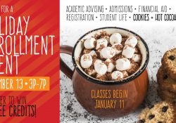 A cup of hot cocoa with marshmallows and cookies illustrate a slide promoting KCC's Holiday Enrollment Event, scheduled for 3 to 7 p.m. Dec. 13, 2018, on the College's North Avenue campus in Battle Creek.