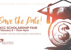 An illustration of a money sign with a graduation cap on illustrates a text slide promoting KCC's Scholarship Fair.