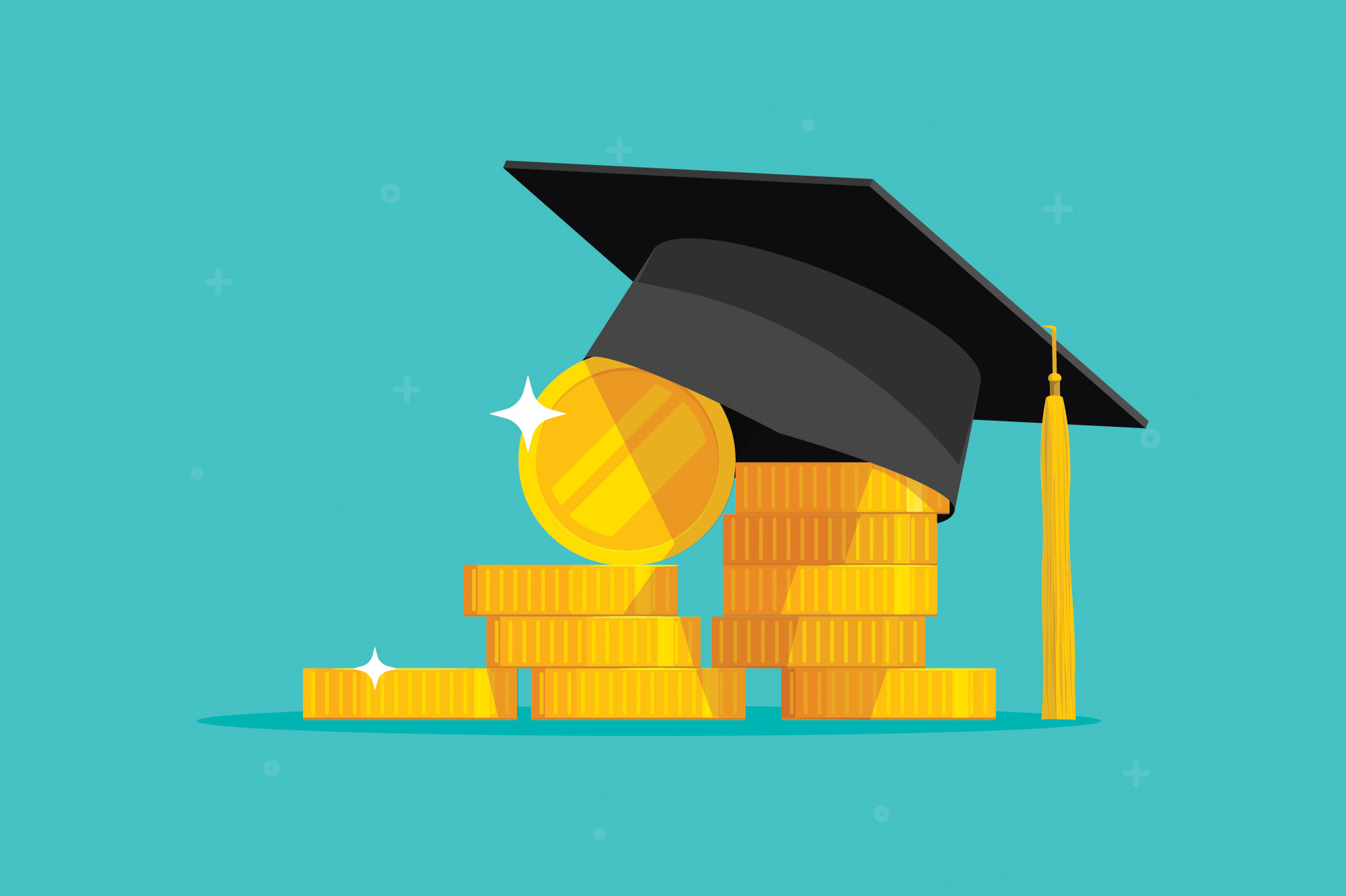 An illustration of a pile of coins topped by a graduation cap.