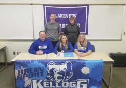Pictured, in the front row, from left to right, are Eric Markos (father), KCC volleyball recruit Haidyn Markos and Courtney Markos (mother). Pictured in the back row, from left to right, are Lakeview High School coaches Jason Moore and Heather Sawyer.