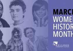 Portraits of historical women on a slide promoting Women's History Month at KCC.