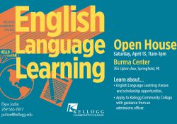 A text slide promoting KCC's upcoming English Language Learning Open House at the Burma Center April 13.