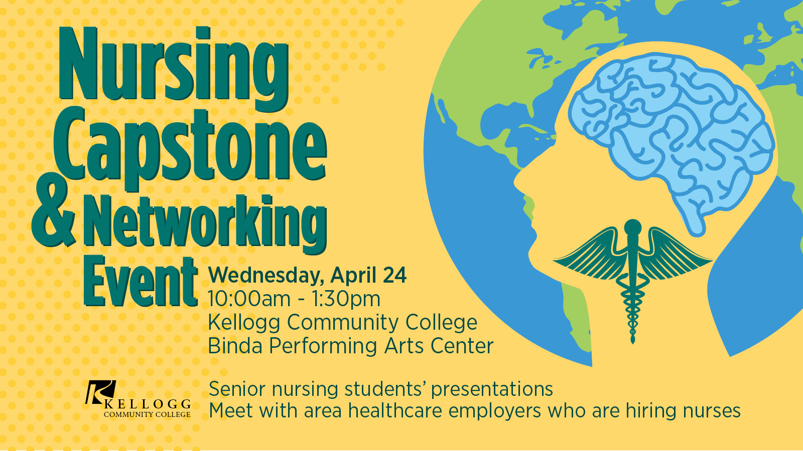 A text slide promoting KCC's 2019 Nursing Capstone & Networking event, featuring the illustration of a human head and brain and nursing symbol.
