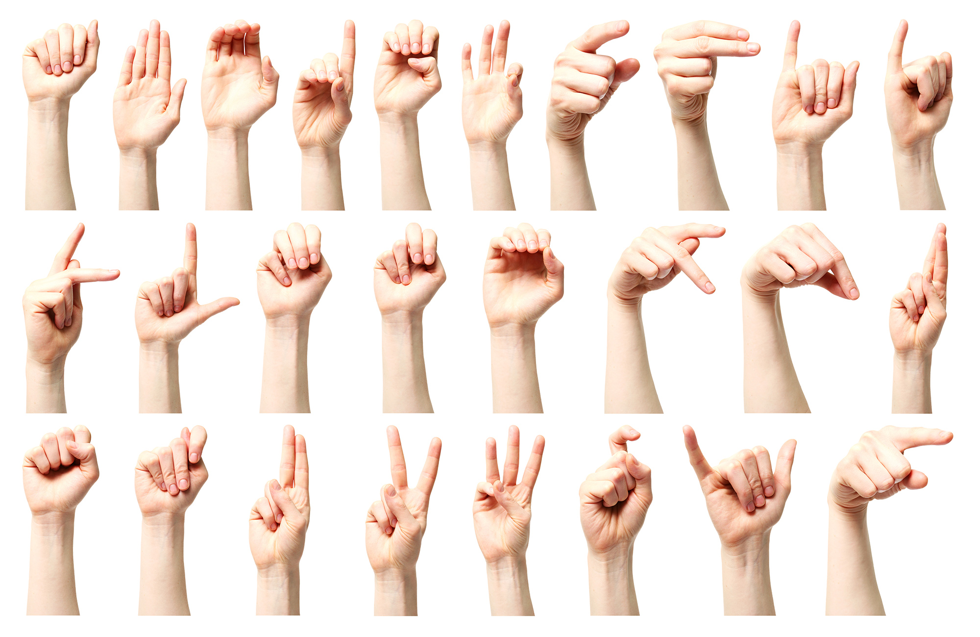 Hands signing the alphabet in American Sign Language.