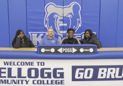Pictured, from left to right, are Asya Wesley (sister), KCC’s Head Men’s Basketball Coach Gary Sprague, Eddie Wesley and Ardra Wesley (mother).