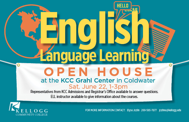 A text slide highlighting KCC's English Language Learning Open House scheduled for 1 to 3 p.m. June 22 at the Grahl Center campus in Coldwater.