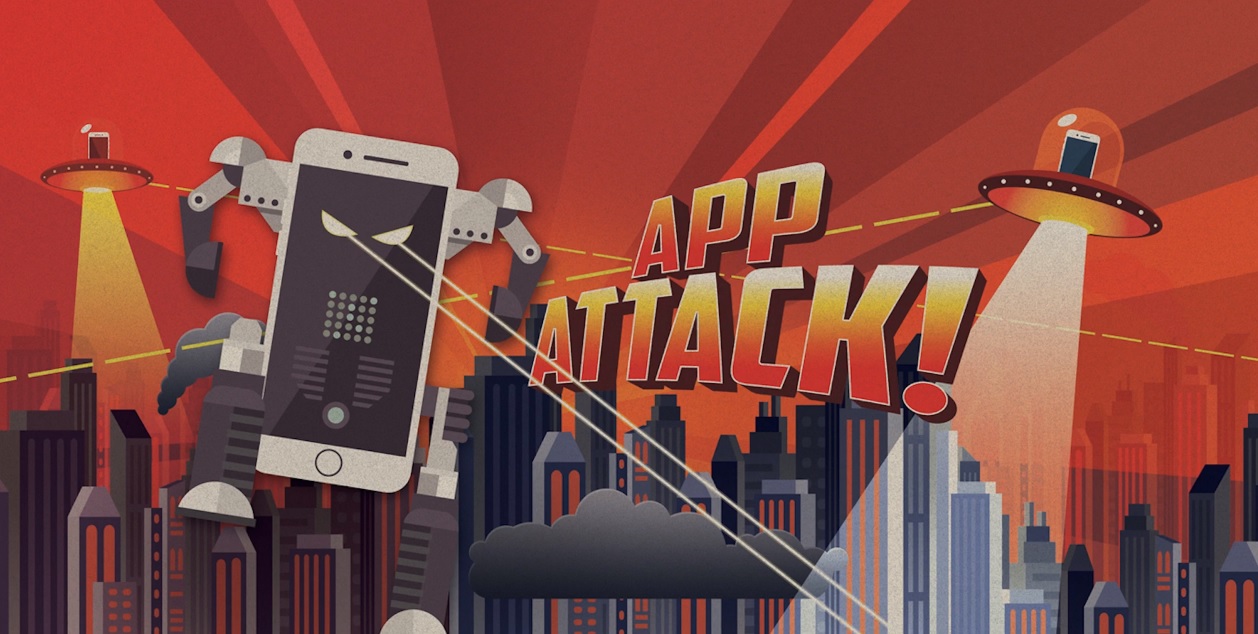 An illustration of a smartphone robot and UFO attacking a city in a promotional image for KCC's App Attack! summer camp for youth.