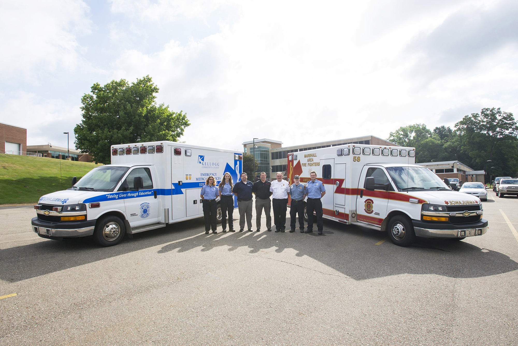 Pictured are KCC and MAFFAA officials with the donated and newly refurbished ambulance on the left. From left to right are MAFFAA Basic EMTs Kristen Jaskiw and Abigail Sanger, KCC EMS Education Faculty Coordinator Clark Imus, KCC Public Safety Education Director Rob Miller, MAFFAA Executive Director Mark Burke, MAFFAA Operations Manager Nick Smith and MAFFAA Basic EMT Josh Turner.