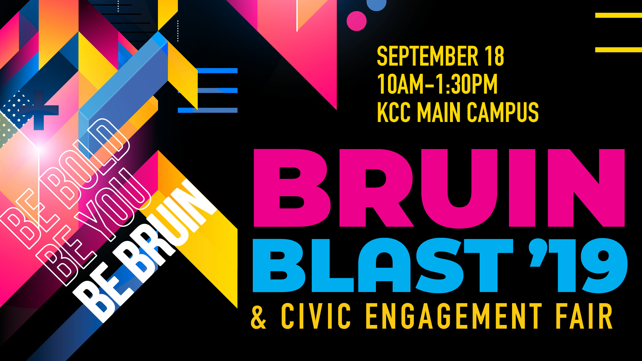 A text slide with information about KCC's 2019 Bruin Blast and Civic Engagement Fair.