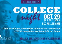 A decorative text slide promoting KCC's 2019 Calhoun County College Night.