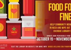A decorative text slide promoting the library's Food for Fines initiative.