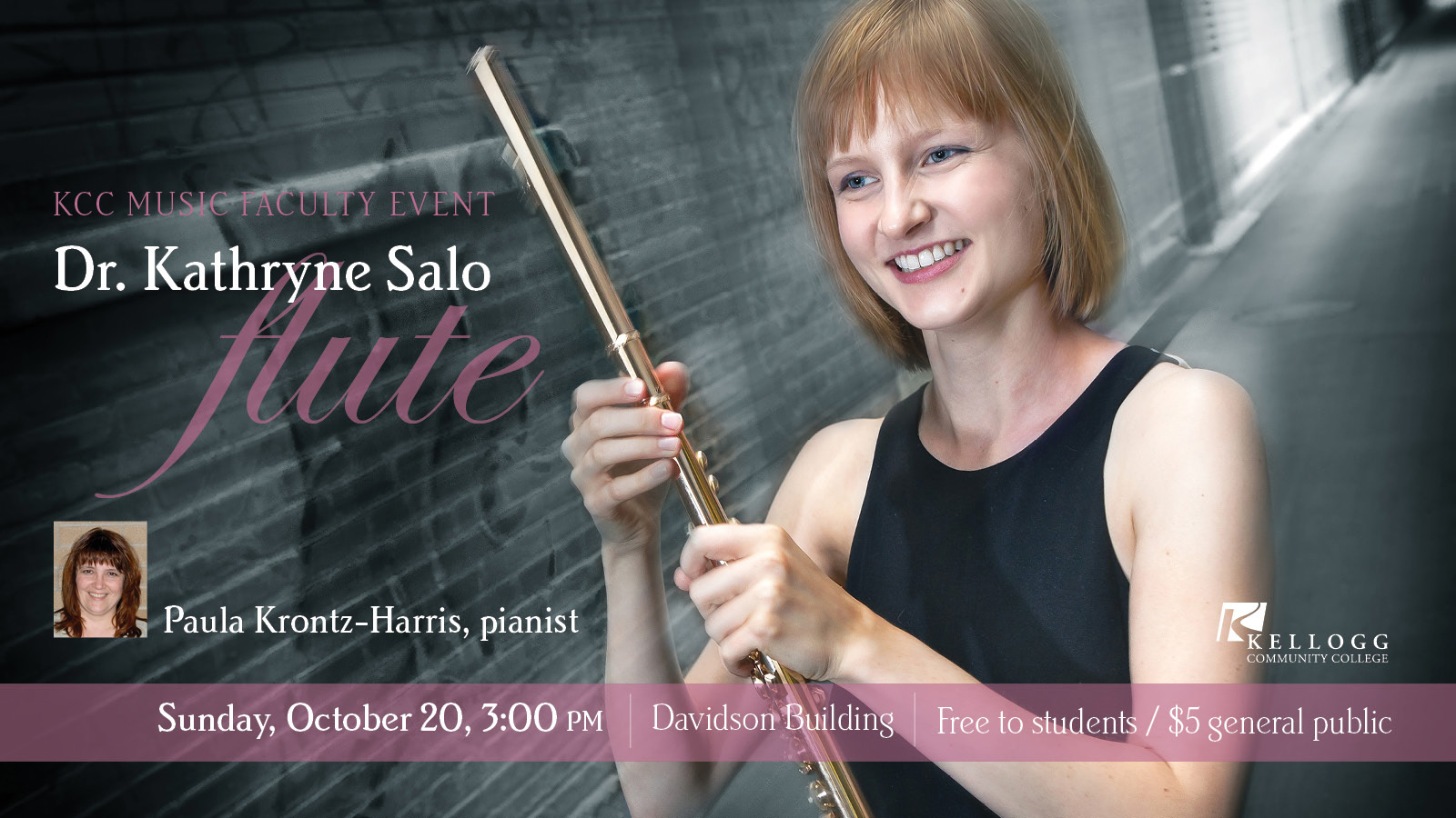 Dr. Kathryne Salo holds a flute in a promotional slide for her upcoming recital at KCC.