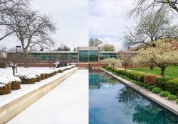 An external view of the entrance to KCC's North Avenue campus looking over the reflecting pools; half snow-covered in winter and half green and sunny in spring.