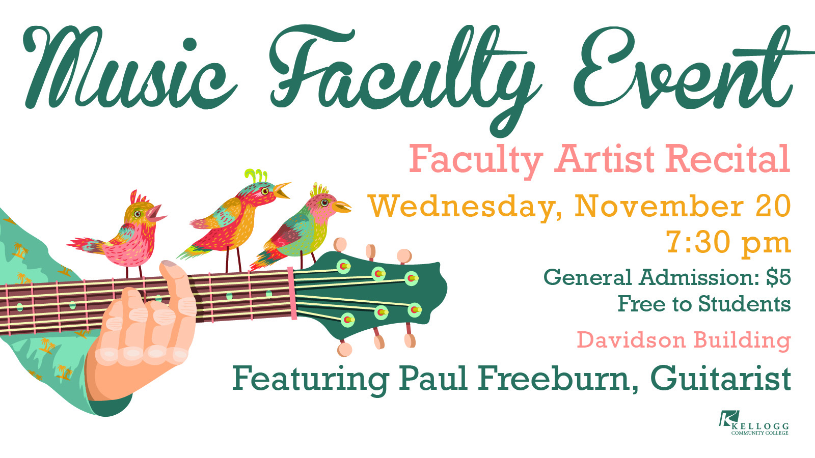 A decorative text slide promoting Paul Freeburn's upcoming recital at KCC, with an illustration of a guitar and birds on it.