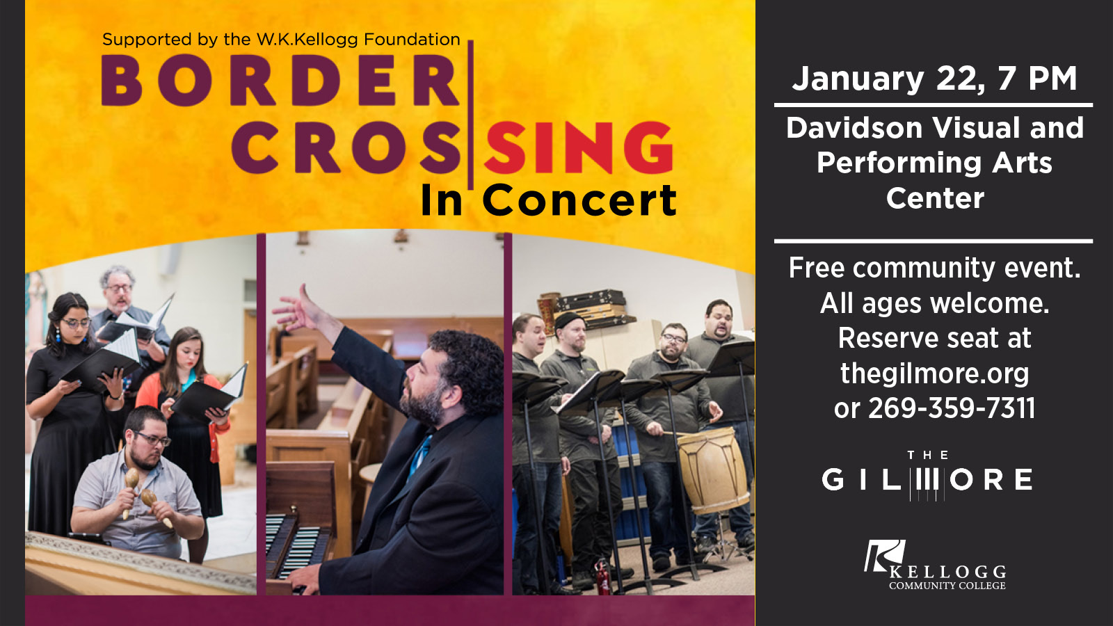 A decorative text slide with information about the Jan. 22 Border CrosSing concert.