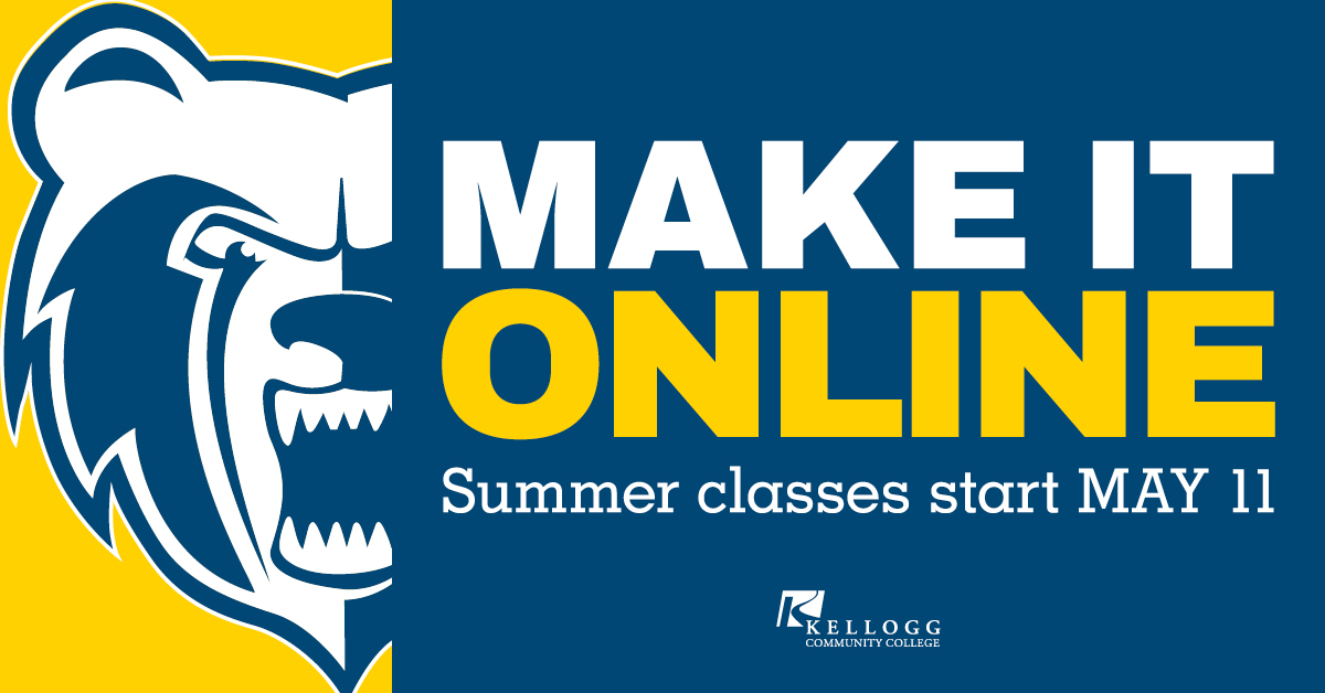 A text slide featuring the Bruin head logo and text reading Make It Online: Summer classes start May 11.
