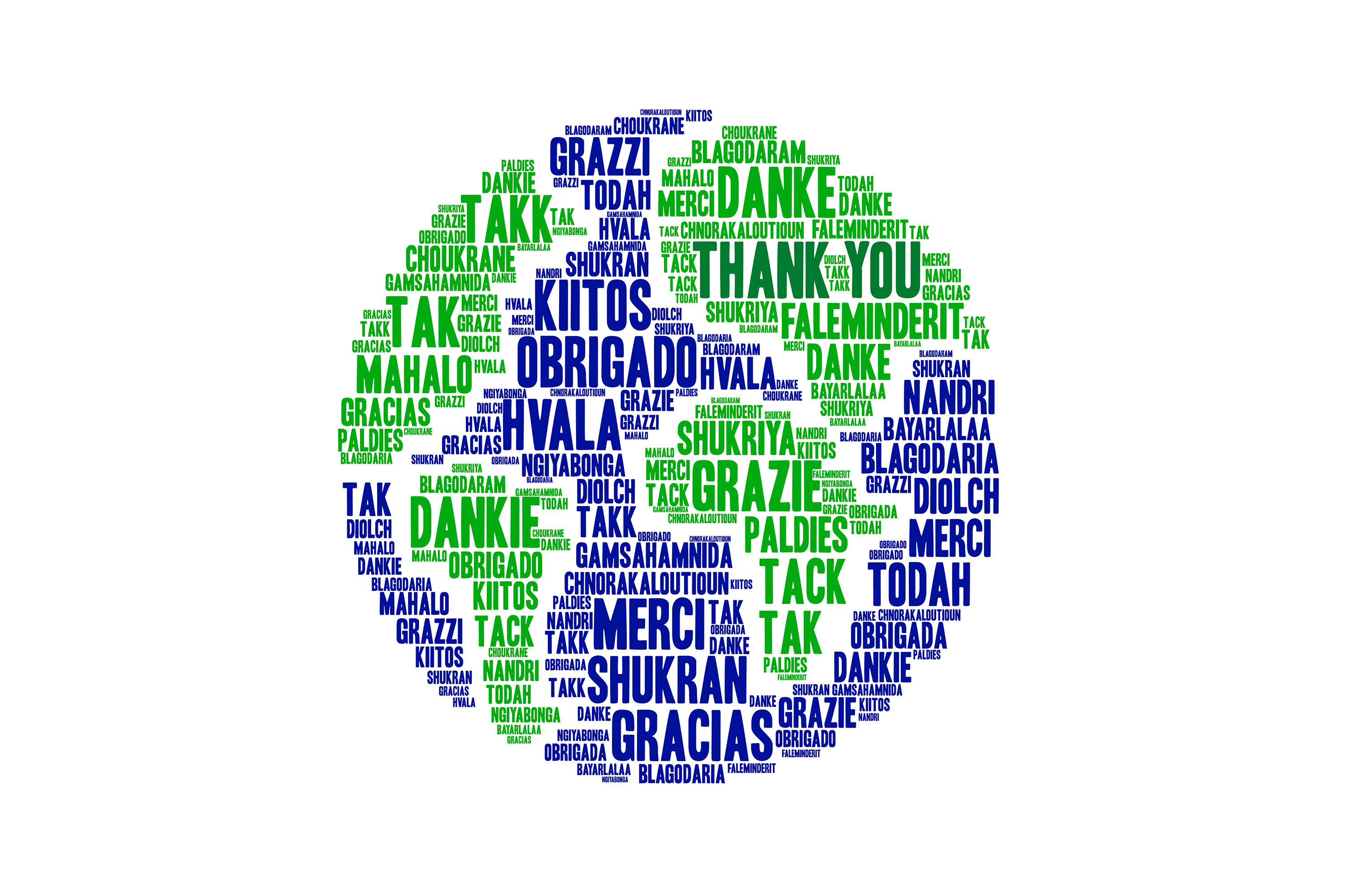 An illustration of Earth made out of the words "thank you" in different languages.