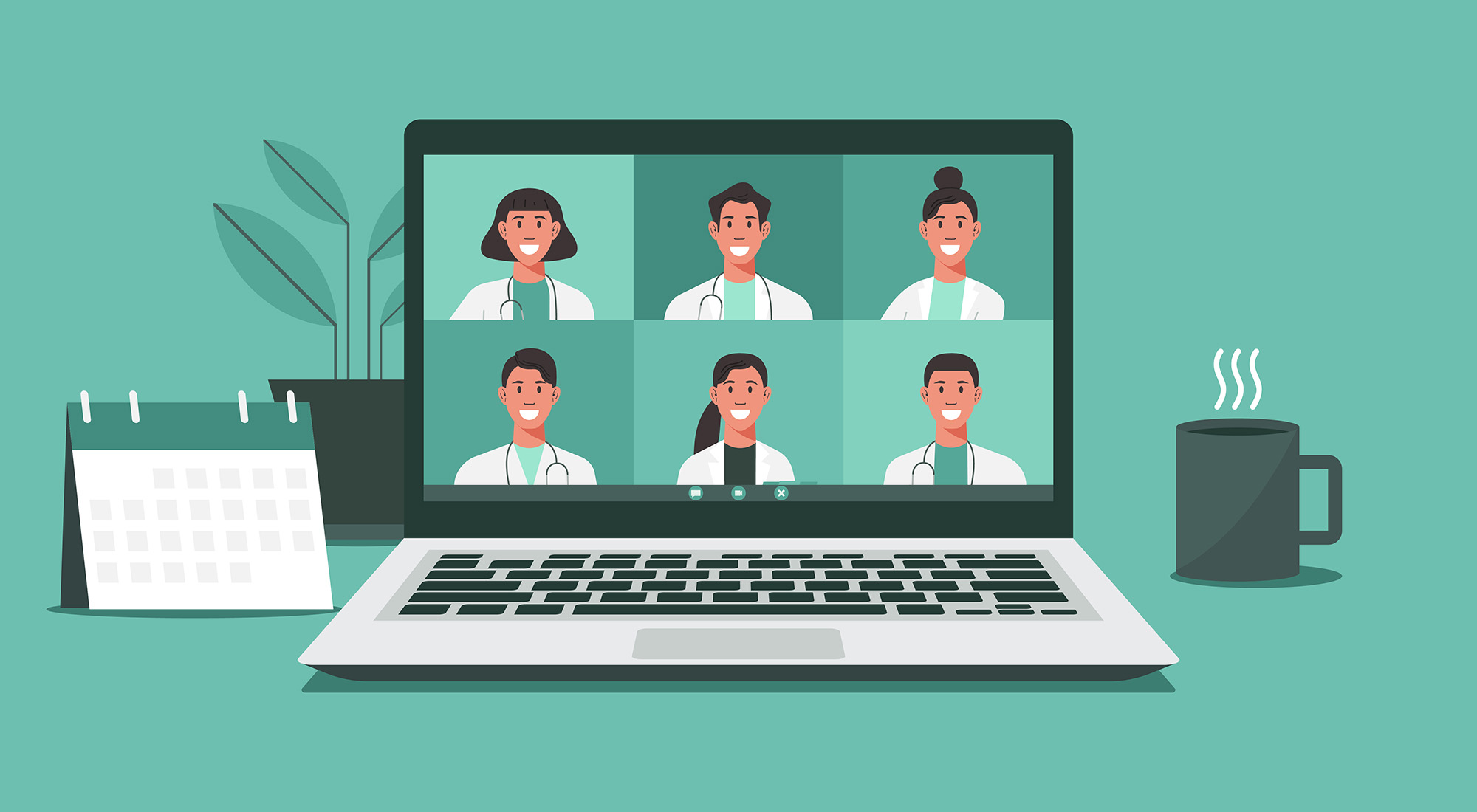Illustration showing health care workers on a laptop computer screen as if in a virtual meeting.