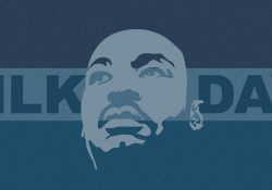 An illustrated profile of Martin Luther King Jr. superimposed over the words "MLK Day."