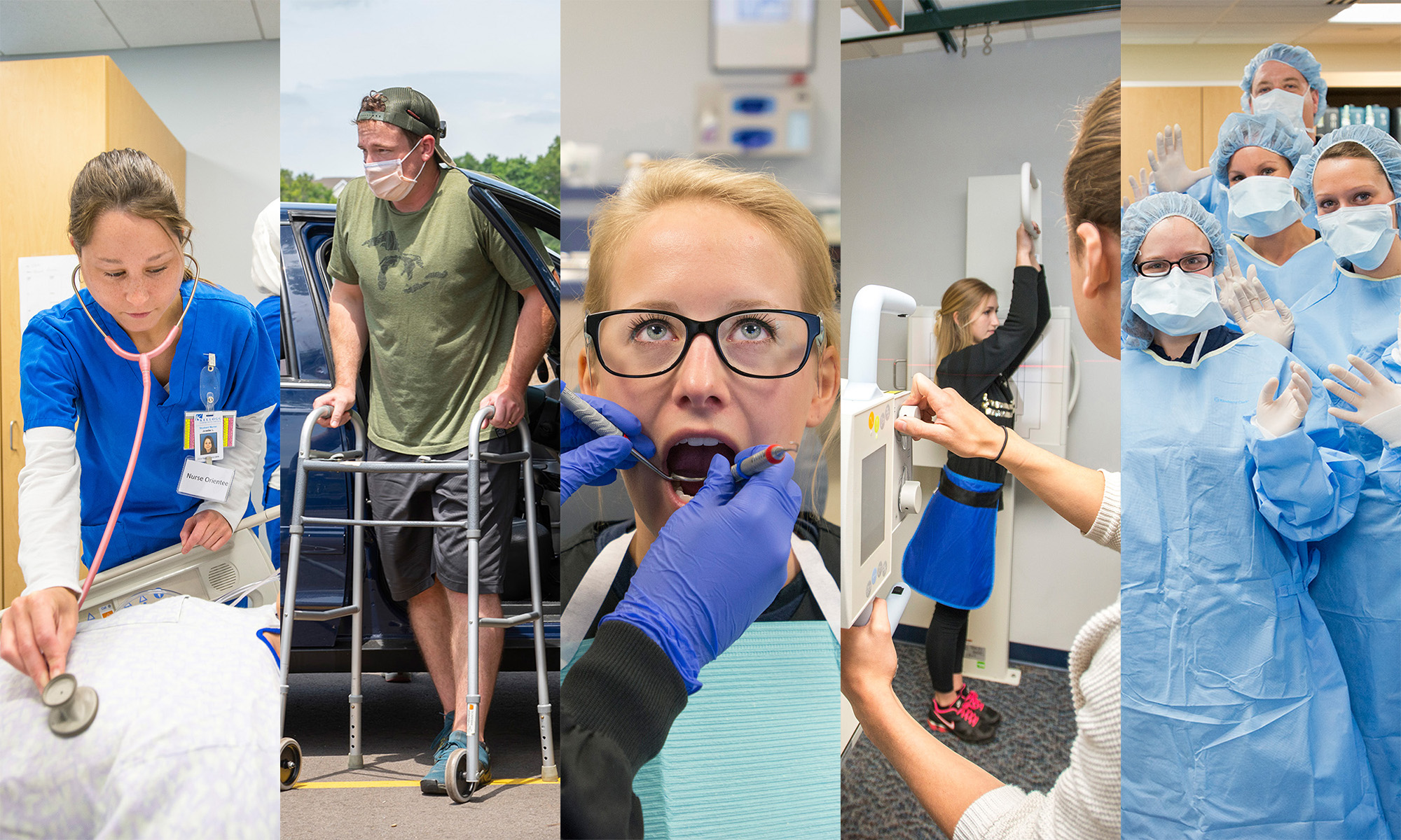 A collage of Nursing and Allied Health students performing various activities related to their disciplines.