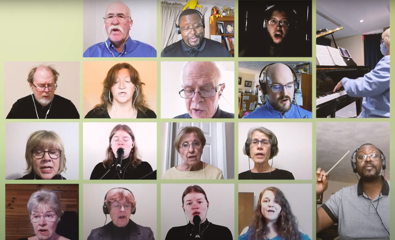 A screenshot from the choir video showing several choir members singing in a grid layout.
