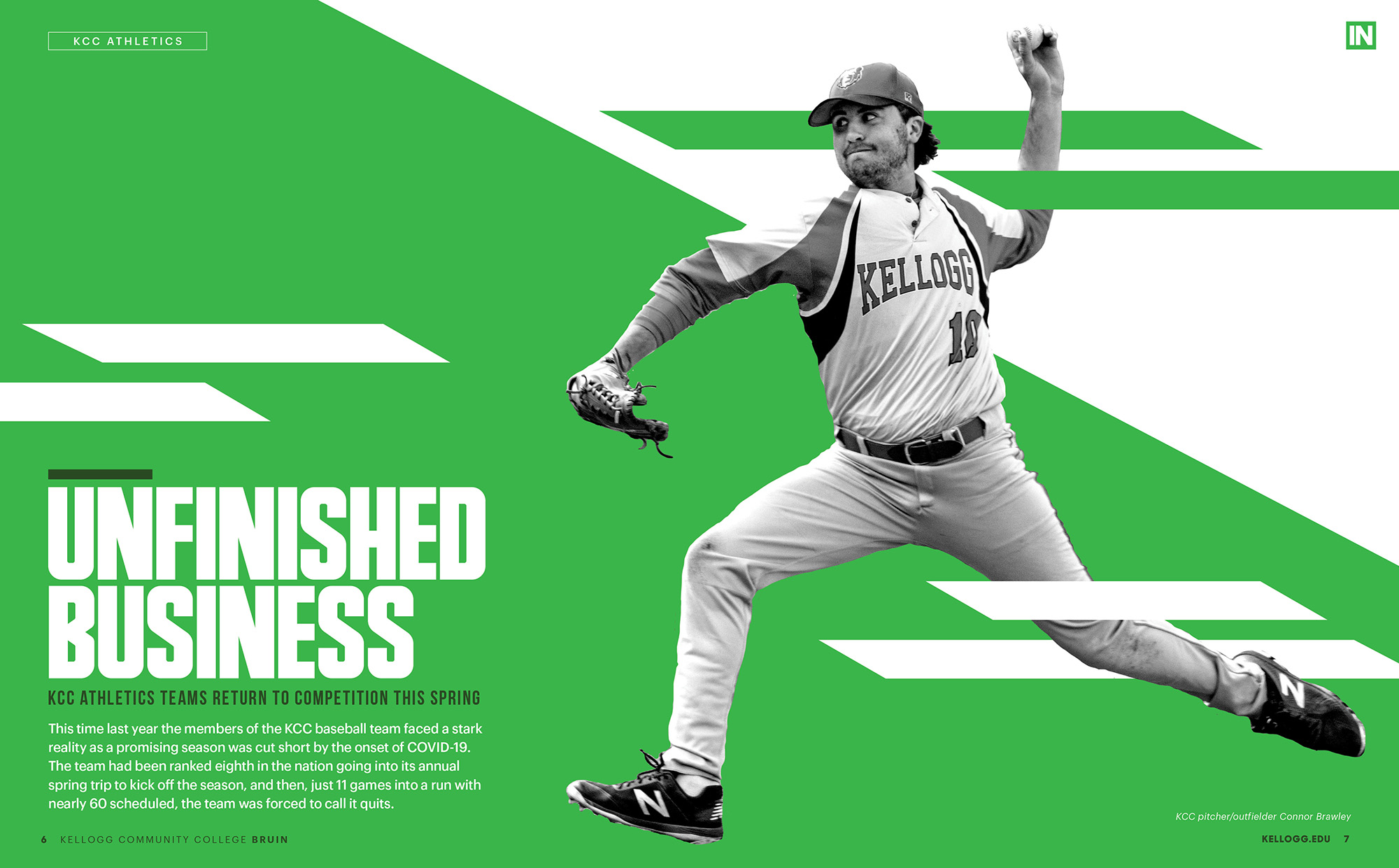 A stylize image of a KCC pitcher on a green background, with text that reads "Unfinished Business."