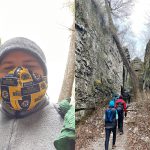 A collage of two pictures including one of Drew Hutchinson wearing a face mask and another of a group of people hiking through a canyon.