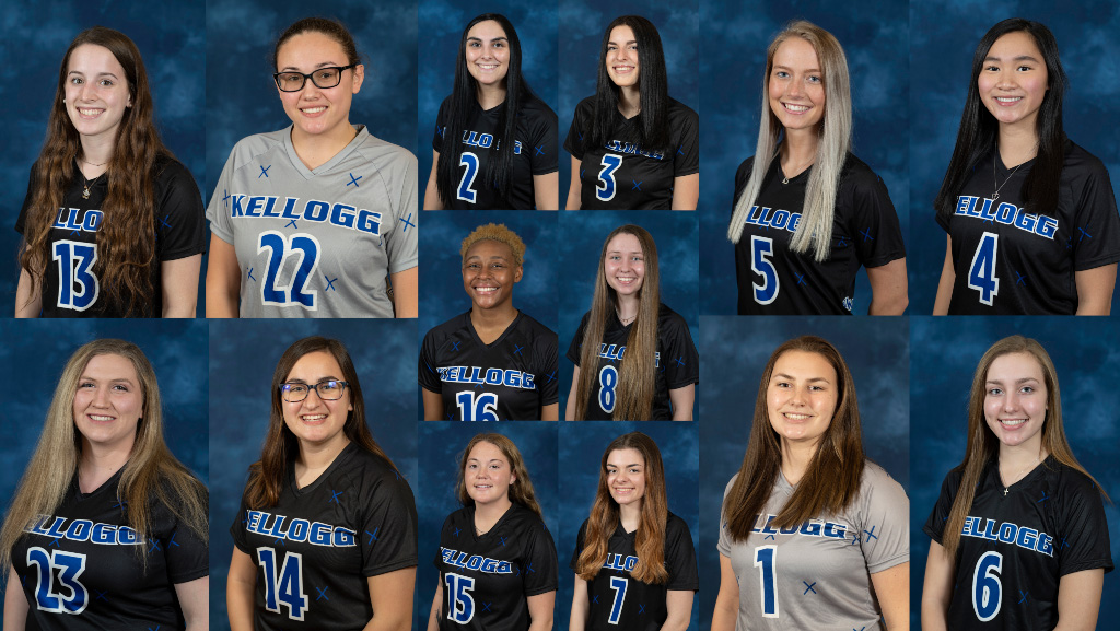 A collage of photos of players on KCC's women's soccer team.