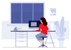 Illustration of a woman sitting at a desktop computer.