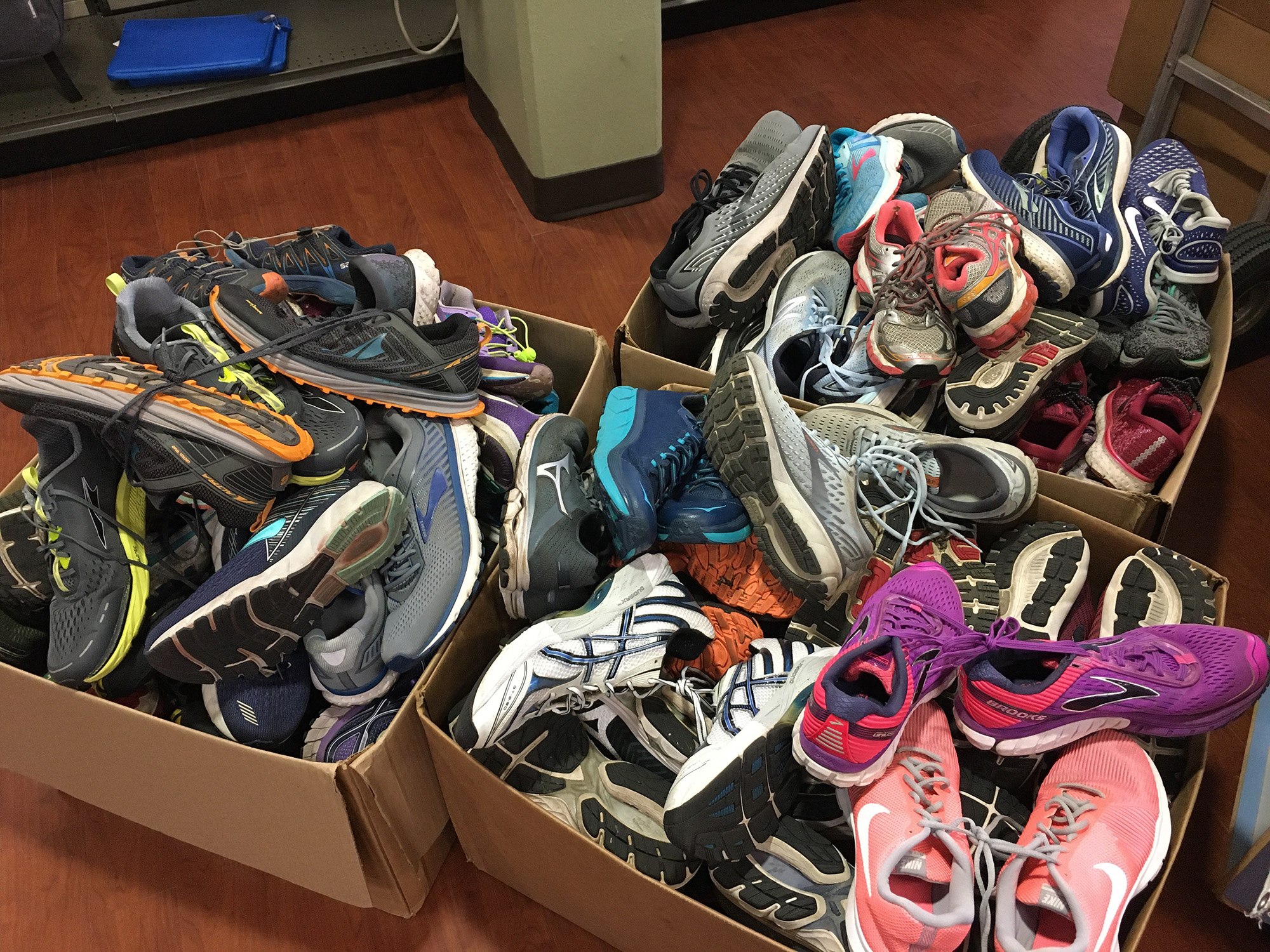 More than 70 pairs of shoes donated by the Kalamazoo Area Runners in Battle Creek this month.