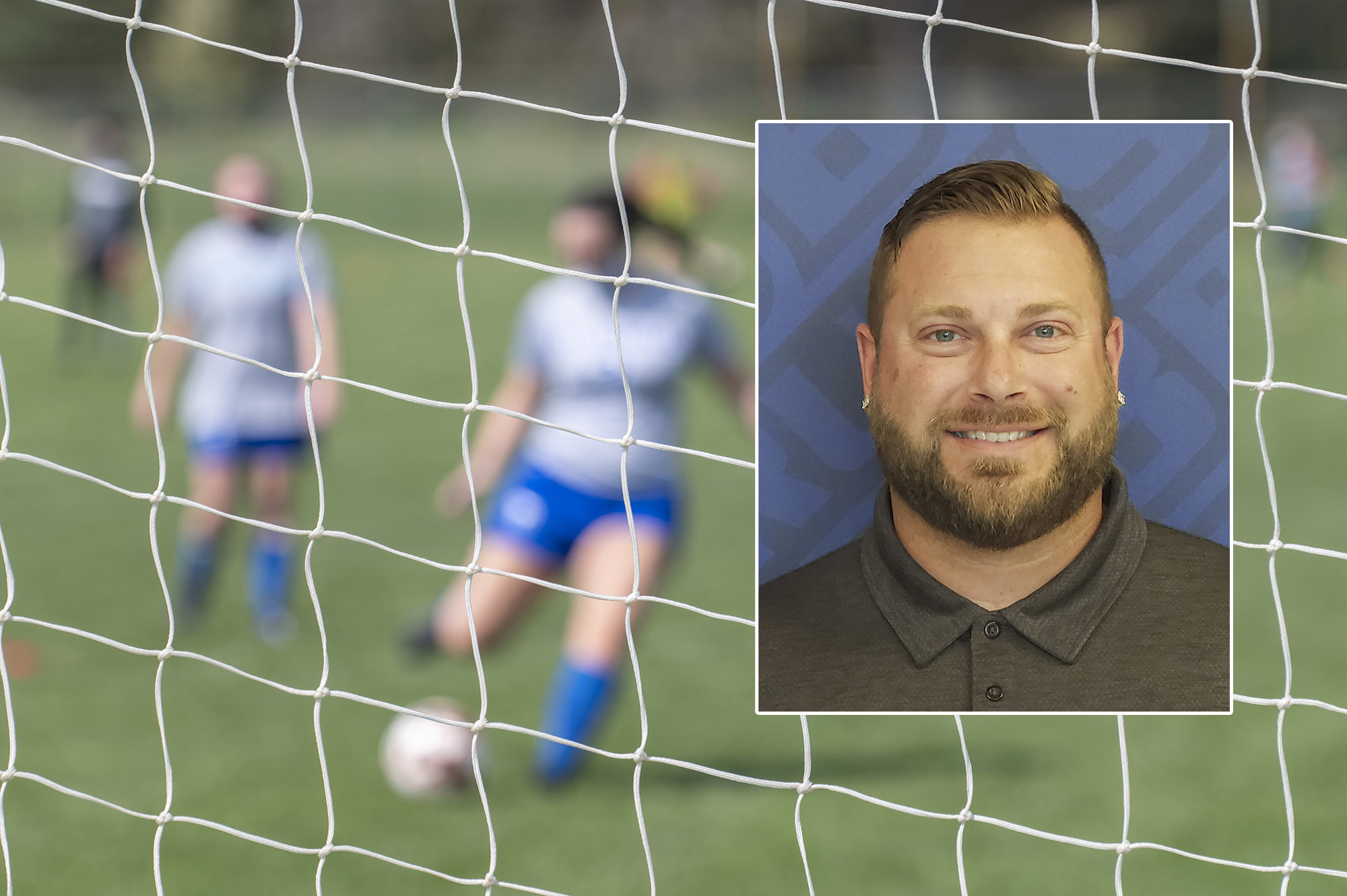 Foreground: A headshot photo of Head Women's Soccer Coach Levi Butcher. Background: A soccer player kicks a ball into the goal.