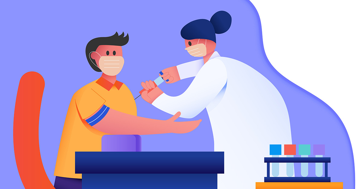 Illustration of a medical provider drawing blood from a patient.