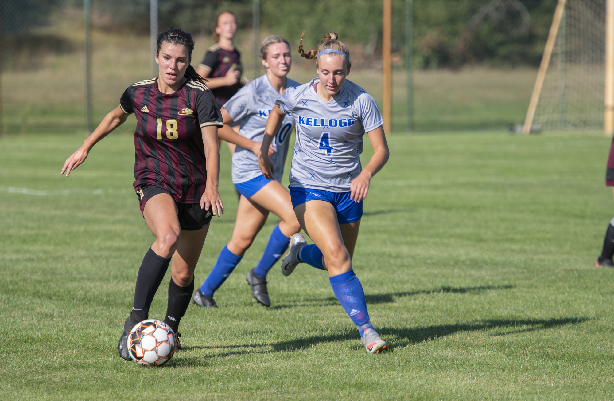 The women's soccer team competes during a home game.