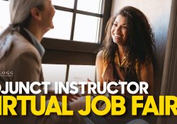 Two people in conversation on a text slide that reads "Adjunct Instructor Virtual Job Fair."