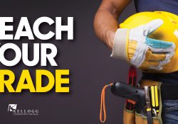 A person holds a hard hat on a text slide that reads, "Teach Your Trade."